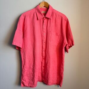 Natural Blue by Visitor Mens Linen Button Up Shirt Pink Short Sleeve XL Preppy